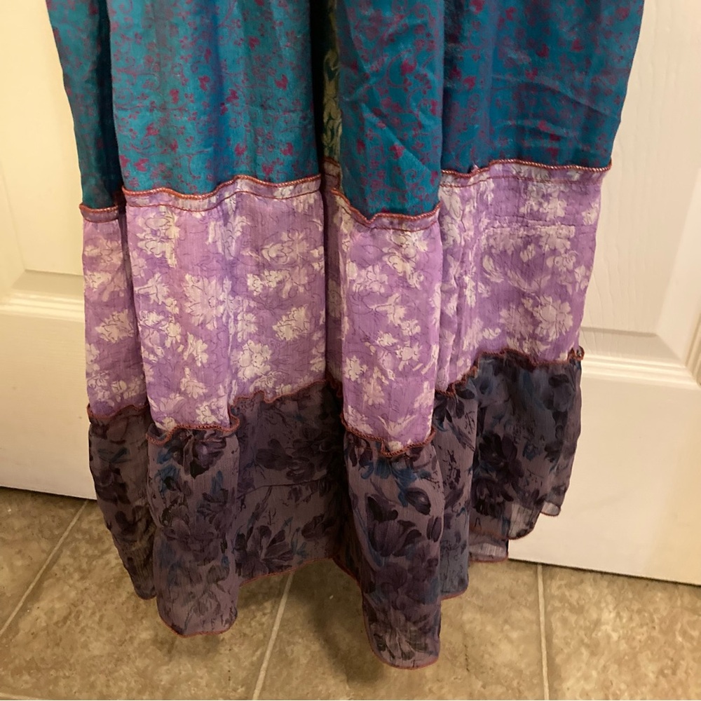 Sans Souci 100% Silk Multitexture Ruffle Boho Patchwork Maxi Dress Size M - Picture 7 of 14